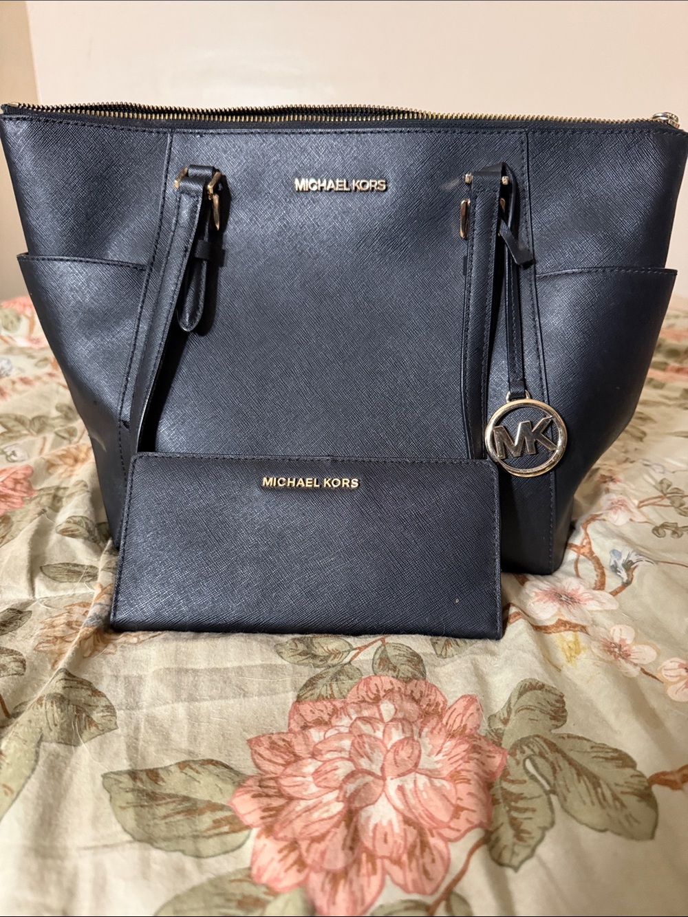 Michael Kors Black Saffiano Leather Tote with Wristlet and MK Charm